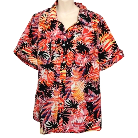 Elementz Woman Short Sleeve Bright Tropical Button Down Top 3X - Picture 1 of 5